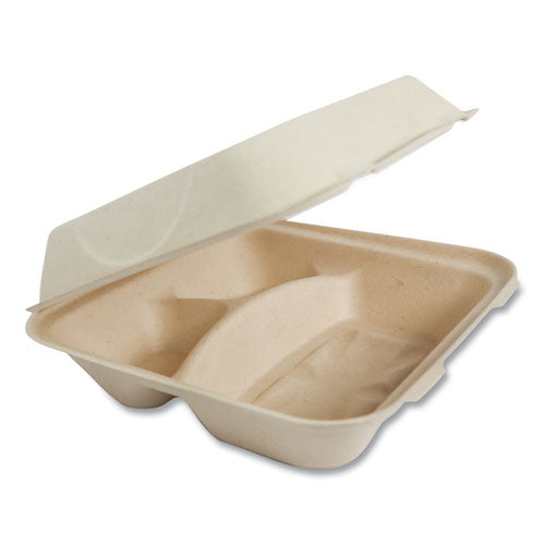 Fiber Hinged Containers, 3-Compartments, 9 x 9 x 3, Natural, Paper, 300/Carton-(WORTOSCU9T)