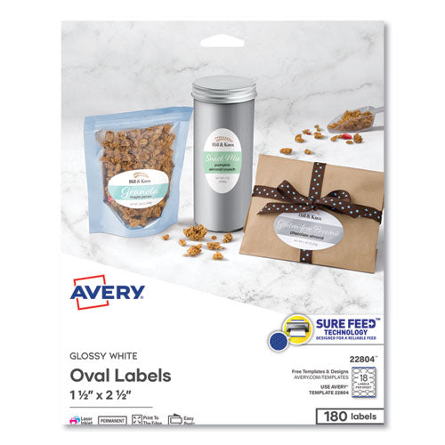 Oval Labels with Sure Feed and Easy Peel, 1.5 x 2.5, Glossy White, 180/Pack-(AVE22804)