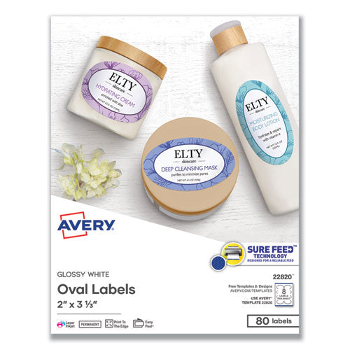 Oval Labels w/ Sure Feed and Easy Peel, 2 x 3.33, Glossy White, 80/Pack-(AVE22820)