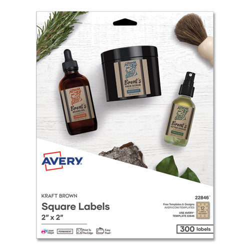 Square Print-to-the-Edge Labels, Inkjet/Laser Printers, 2 x 2, Kraft Brown, 12/Sheet, 25 Sheets/Pack-(AVE22846)