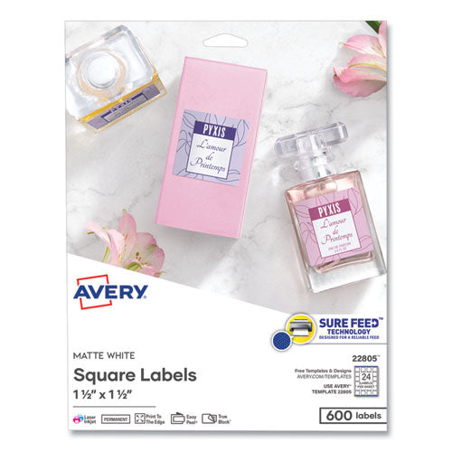 Square Labels with Sure Feed and TrueBlock, 1.5 x 1.5, White, 600/Pack-(AVE22805)