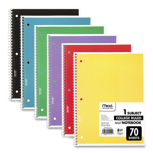 Spiral Notebook, 1-Subject, Medium/College Rule, Assorted Cover Colors, (70) 10.5 x 8 Sheets, 6/Pack-(MEA73065)