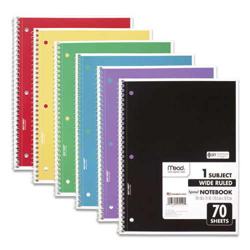 Spiral Notebook, 3-Hole Punched, 1-Subject, Wide/Legal Rule, Randomly Assorted Cover Color, (70) 10.5 x 7.5 Sheets-(MEA05510)