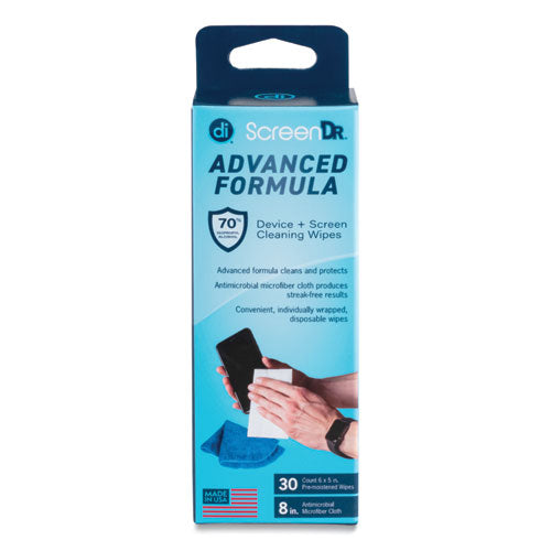 ScreenDr Device and Screen Cleaning Wipes, Includes 30 Individually Wrapped Wipes and 8" Microfiber Cloth, 6 x 5, White-(DGV32346)