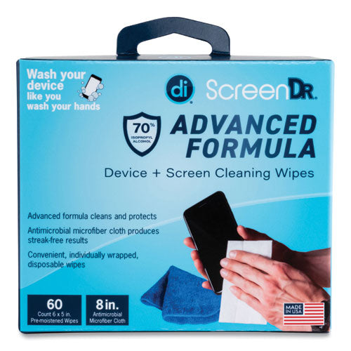 ScreenDr Device and Screen Cleaning Wipes, Includes 60 Individually Wrapped Wipes and 8" Microfiber Cloth, 6 x 5, White-(DGV32347)