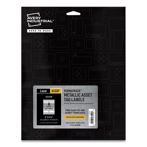 PermaTrack Metallic Asset Tag Labels, Laser Printers, 2 x 3.75, Silver, 8/Sheet, 8 Sheets/Pack-(AVE61520)