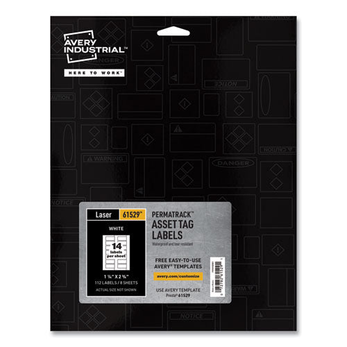 PermaTrack Durable White Asset Tag Labels, Laser Printers, 1.25 x 2.75, White, 14/Sheet, 8 Sheets/Pack-(AVE61529)