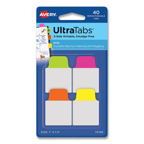 Ultra Tabs Repositionable Tabs, Mini Tabs: 1" x 1.5", 1/5-Cut, Assorted Neon Colors, 40/Pack-(AVE74759)