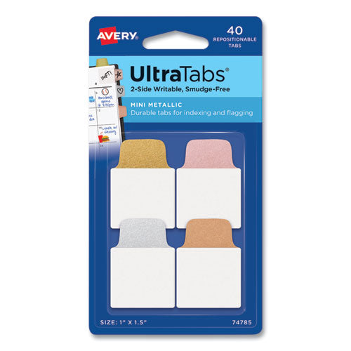 Ultra Tabs Repositionable Tabs, Mini Tabs: 1" x 1.5", 1/5-Cut, Assorted Metallic Colors, 1" Wide, 40/Pack-(AVE74785)