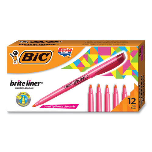 Brite Liner Highlighter, Fluorescent Pink Ink, Chisel Tip, Pink/Black Barrel, Dozen-(BICBL11PK)