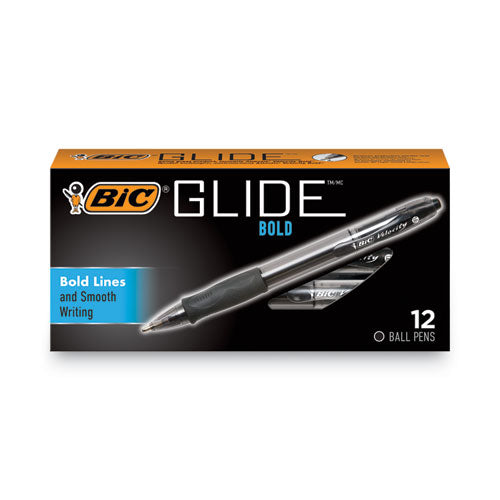 GLIDE Bold Ballpoint Pen, Retractable, Bold 1.6 mm, Black Ink, Smoke Barrel, Dozen-(BICVLGB11BK)