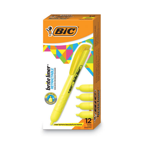 Brite Liner Retractable Highlighter, Fluorescent Yellow Ink, Chisel Tip, Yellow/Black Barrel, Dozen-(BICBLR11YW)