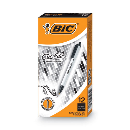 Clic Stic Ballpoint Pen, Retractable, Medium 1 mm, Black Ink, White Barrel, Dozen-(BICCSM11BK)