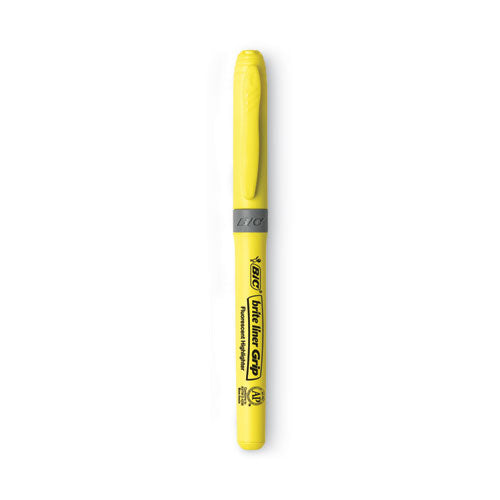 Brite Liner Grip Pocket Highlighter, Fluorescent Yellow Ink, Chisel Tip, Yellow/Black/Silver Barrel, Dozen-(BICGBL11YW)