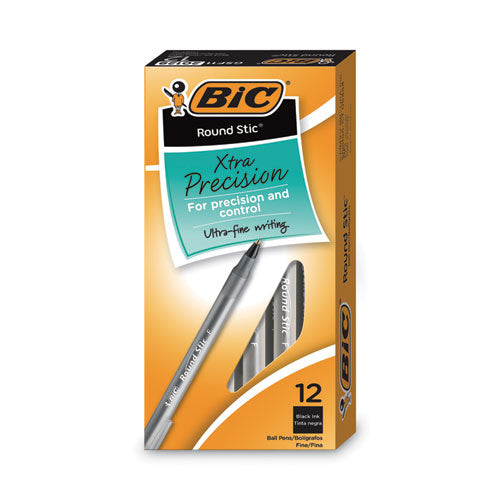 Round Stic Xtra Precision Ballpoint Pen, Stick, Fine 0.8 mm, Black Ink, Smoke Barrel, Dozen-(BICGSF11BK)