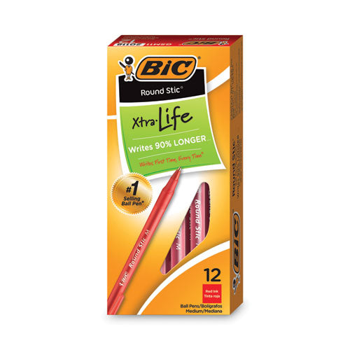 Round Stic Xtra Life Ballpoint Pen, Stick, Medium 1 mm, Red Ink, Translucent Red Barrel, Dozen-(BICGSM11RD)