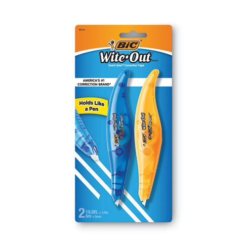 Wite-Out Brand Exact Liner Correction Tape, Non-Refillable, Blue/Orange Applicators, 0.2" x 236", 2/Pack-(BICWOELP21)