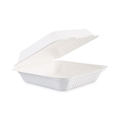 Bagasse Food Containers, Hinged-Lid, 1-Compartment 9 x 9 x 3.19, White,  Sugarcane, 100/Sleeve, 2 Sleeves/Carton-(BWKHINGEWF1CM9)