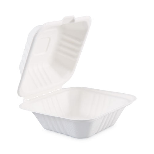 Bagasse Food Containers, Hinged-Lid, 1-Compartment 6 x 6 x 3.19, White, Sugarcane, 125/Sleeve, 4 Sleeves/Carton-(BWKHINGEWF1CM6)