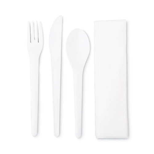 Plantware Compostable Cutlery Kit, Knife/Fork/Spoon/Napkin, 6", Pearl White, 250 Kits/Carton-(ECOEPS015)