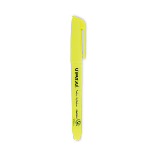 Pocket Highlighters, Fluorescent Yellow Ink, Chisel Tip, Yellow Barrel, Dozen-(UNV08851)