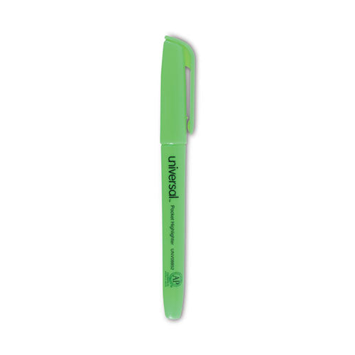 Pocket Highlighters, Fluorescent Green Ink, Chisel Tip, Green Barrel, Dozen-(UNV08852)