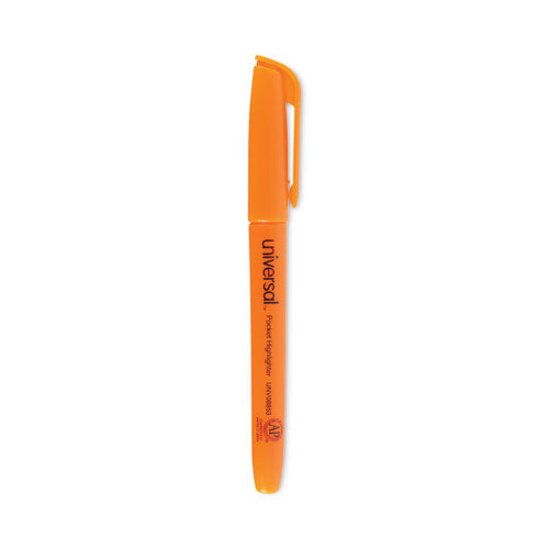 Pocket Highlighters, Fluorescent Orange Ink, Chisel Tip, Orange Barrel, Dozen-(UNV08853)