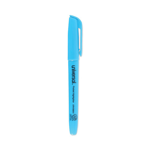 Pocket Highlighters, Fluorescent Blue Ink, Chisel Tip, Blue Barrel, Dozen-(UNV08854)