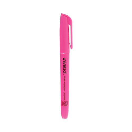 Pocket Highlighters, Fluorescent Pink Ink, Chisel Tip, Pink Barrel, Dozen-(UNV08855)