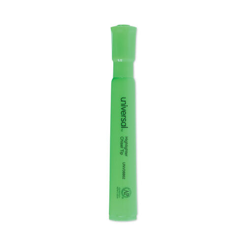 Desk Highlighters, Fluorescent Green Ink, Chisel Tip, Green Barrel, Dozen-(UNV08862)