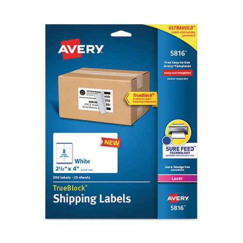 Shipping Labels with TrueBlock Technology, Laser Printers, 2.5 x 4, White, 8/Sheet, 25 Sheets/Pack-(AVE5816)