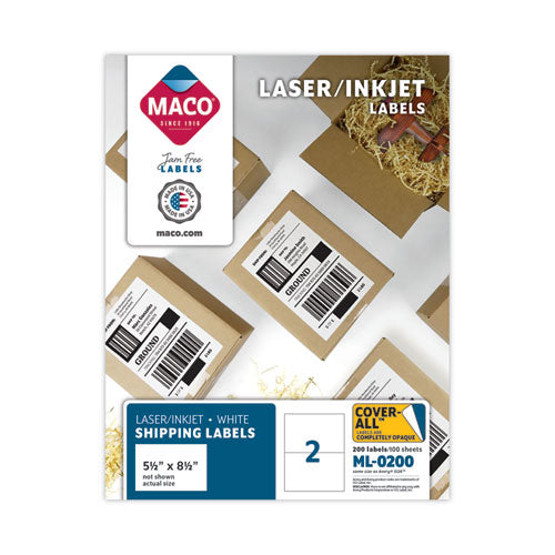 Cover-All Opaque Laser/Inkjet Shipping Labels, Internet Format, 5.5 x 8.5, White, 2 Labels/Sheet, 100 Sheets/Box-(MACML0200)