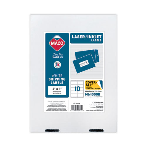 Cover-All Opaque Laser/Inkjet Shipping Labels, Inkjet/Laser Printers, 2 x 4, White, 10 Labels/Sheet, 250 Sheets/Box-(MACML1000B)