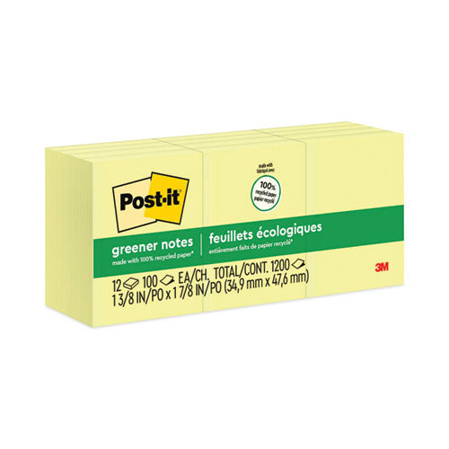 Original Recycled Note Pads, 1.5" x 2", Canary Yellow, 100 Sheets/Pad, 12 Pads/Pack-(MMM653RPYW)