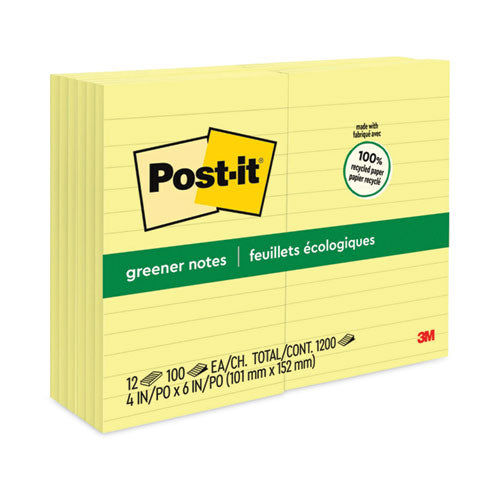 Original Recycled Note Pads, Note Ruled, 4" x 6", Canary Yellow, 100 Sheets/Pad, 12 Pads/Pack-(MMM660RPYW)