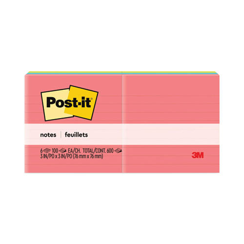 Original Pads in Poptimistic Collection Colors, Note Ruled, 3" x 3", 100 Sheets/Pad, 6 Pads/Pack-(MMM6306AN)