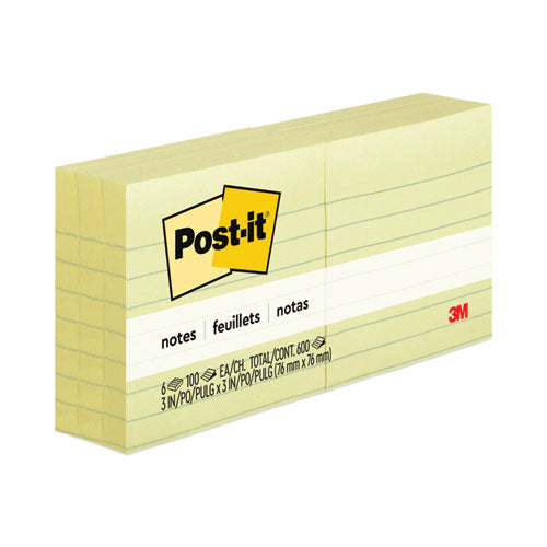 Original Pads in Canary Yellow, Note Ruled, 3" x 3", 100 Sheets/Pad, 6 Pads/Pack-(MMM6306PK)