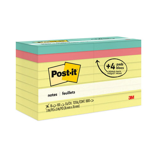 Original Pads Assorted Value Pack, 3 x 3, (14) Canary Yellow, (4) Poptimistic Collection Colors, 100 Sheets/Pad, 18 Pads/Pack-(MMM654144B)