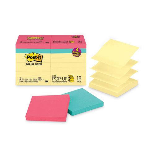 Original Pop-up Notes Value Pack, 3 x 3, (14) Canary Yellow, (4) Poptimistic Collection Colors, 100 Sheets/Pad, 18 Pads/Pack-(MMMR330144B)