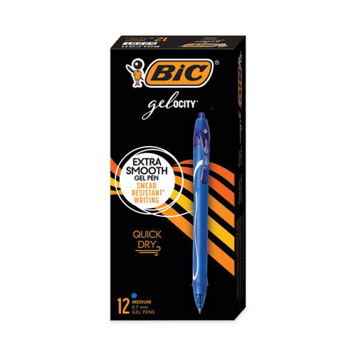 Gel-ocity Quick Dry Gel Pen, Retractable, Medium 0.7 mm, Blue Ink, Blue Barrel, Dozen-(BICRGLCG11BE)