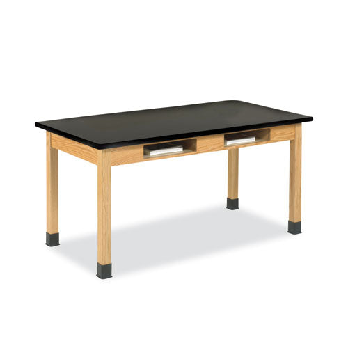 Classroom Book Compartment Science Table, 48w x 24d x 30h, Black High Pressure Laminate (HPL) Top, Oak Base-(DVWC710LBBK30N)