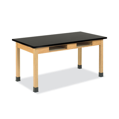 Classroom Book Compartment Science Table, 60w x 24d x 30h, Black High Pressure Laminate (HPL) Top, Oak Base-(DVWC760LBBK30N)