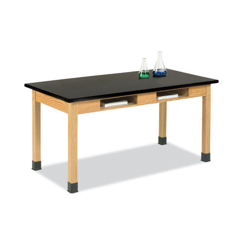 Classroom Book Compartment Science Table, 60w x 30d x 30h, Black High Pressure Laminate (HPL) Top, Oak Base-(DVWC714LBBK30N)