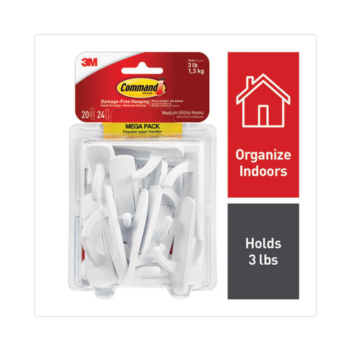 General Purpose Hooks, Medium, Plastic, White, 3 lb Capacity, 20 Hooks and 24 Strips/Pack-(MMM17001MPES)