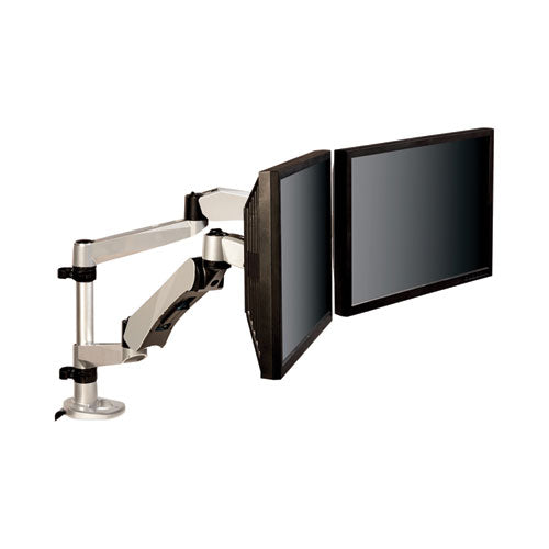 Easy-Adjust Desk Dual Arm Mount for 27" Monitors, 360 deg Rotation, +90/-15 deg Tilt, 360 deg Pan, Silver, Supports 20 lb-(MMMMA265S)