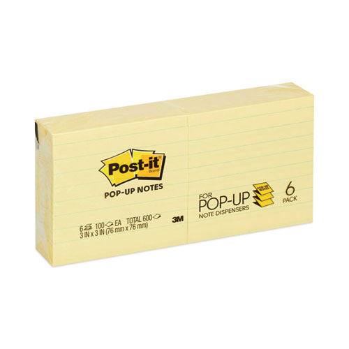 Original Canary Yellow Pop-up Refill, Note Ruled, 3" x 3", Canary Yellow, 100 Sheets/Pad, 6 Pads/Pack-(MMMR335YW)