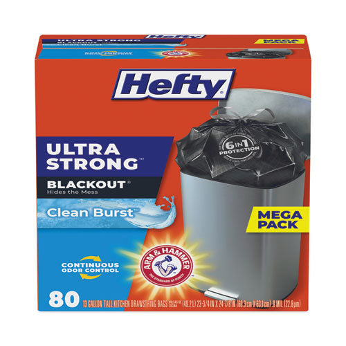 Ultra Strong BlackOut Tall-Kitchen Drawstring Bags, 13 gal, 0.9 mil, 23.75" x 24.88", Black, 80/Box-(PCTE88352)
