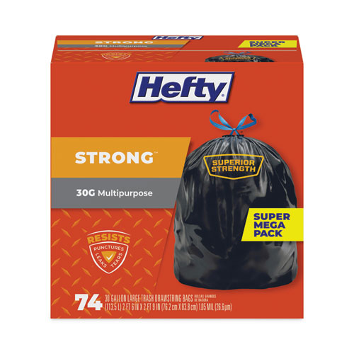 Strong Multipurpose Drawstring Trash Bags, 30 gal, 1.1 mil, 30" x 33", Black, 74/Box, 3 Boxes/Carton-(PCTE85274CT)