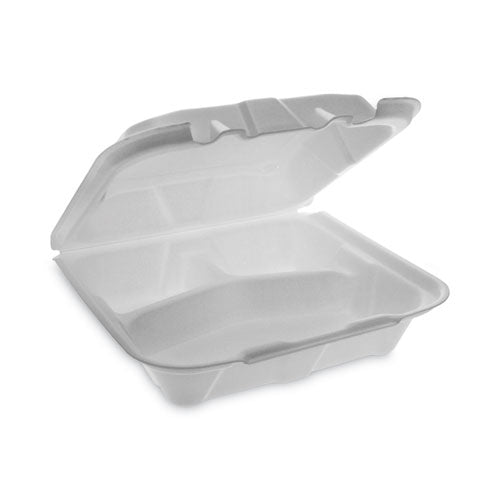 Vented Foam Hinged Lid Container, Dual Tab Lock Economy, 3-Compartment, 8.42 x 8.15 x 3, White, 150/Carton-(PCTYTD18803ECON)