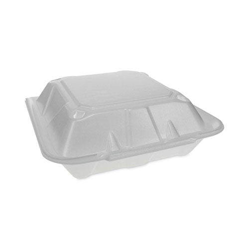 Vented Foam Hinged Lid Container, Dual Tab Lock Economy, 3-Compartment, 9.13 x 9 x 3.25, White, 150/Carton-(PCTYTD19903ECON)